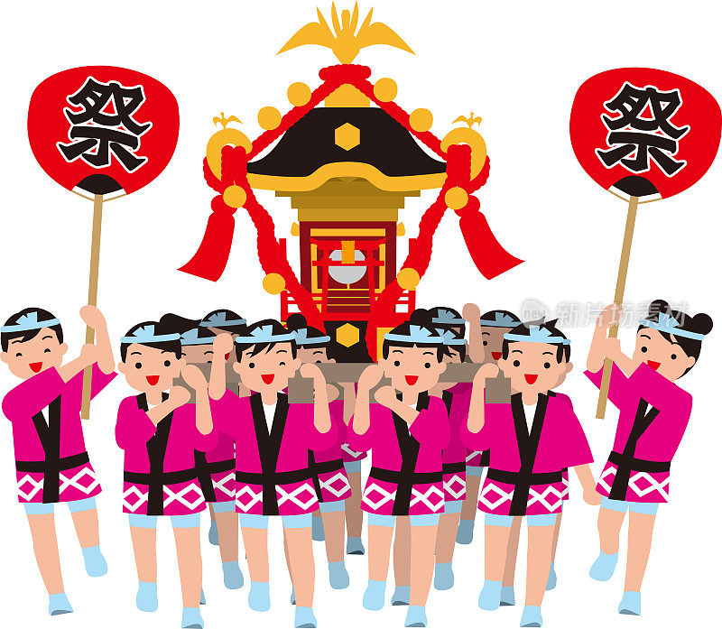 A shrine and children who carry it. Japanese traditional event. Vector material.